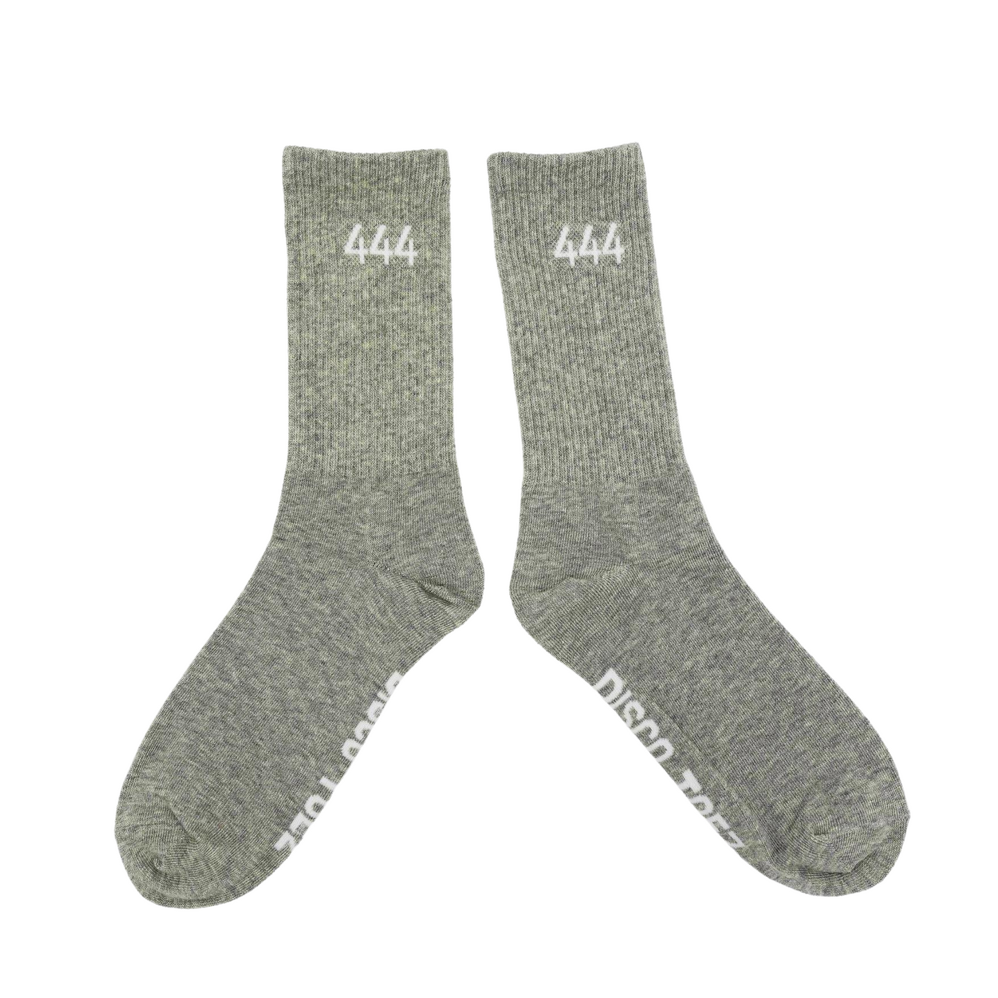 A pair of gray socks with white text '444' on a white background
