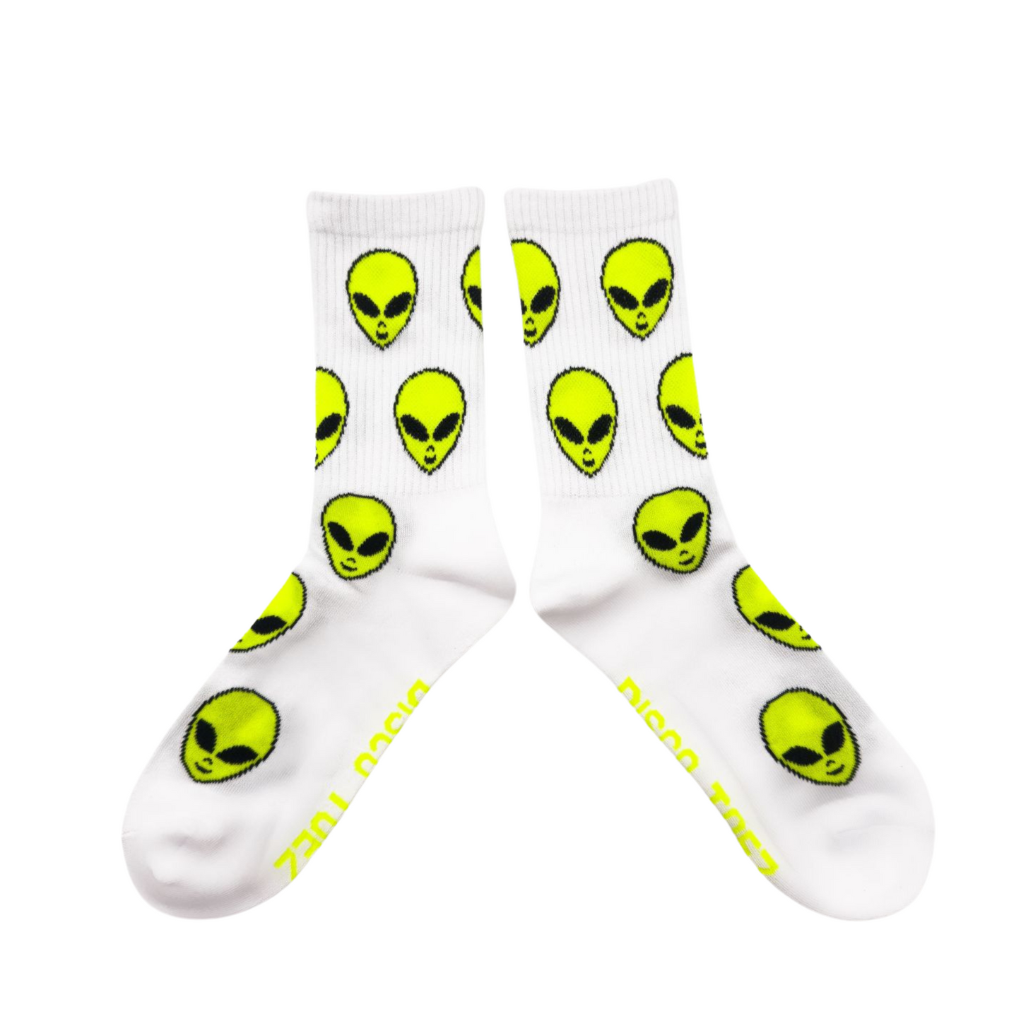 A pair of white socks with an alien pattern on a white background