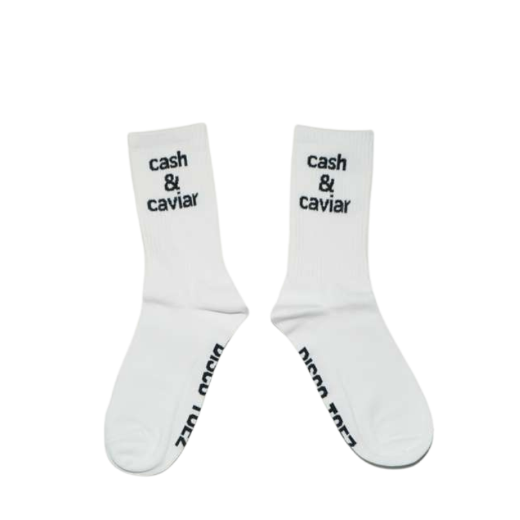 White socks with 'cash & caviar' text on a white background