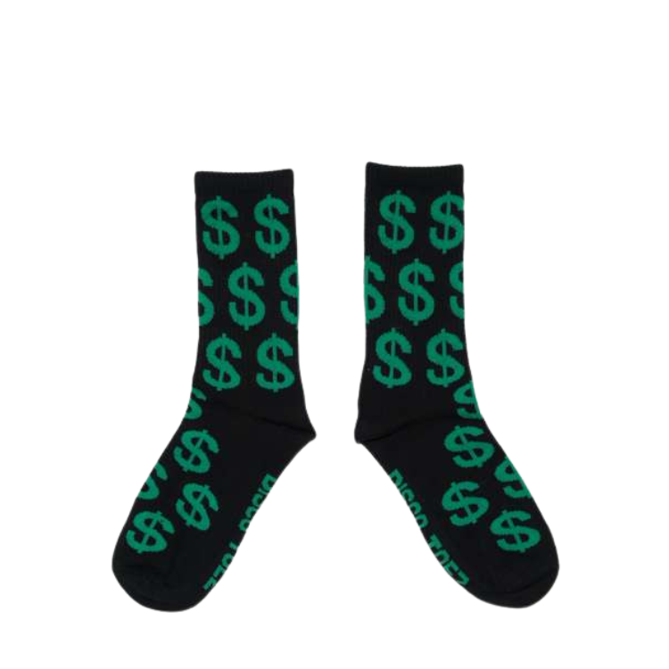 Black socks with green dollar sign pattern on a white background