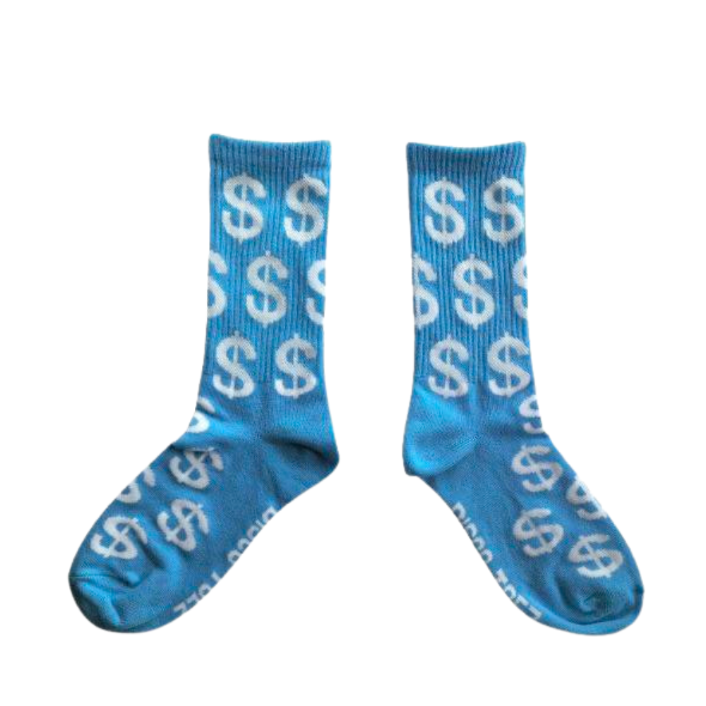 Blue socks with white dollar sign pattern on a white background