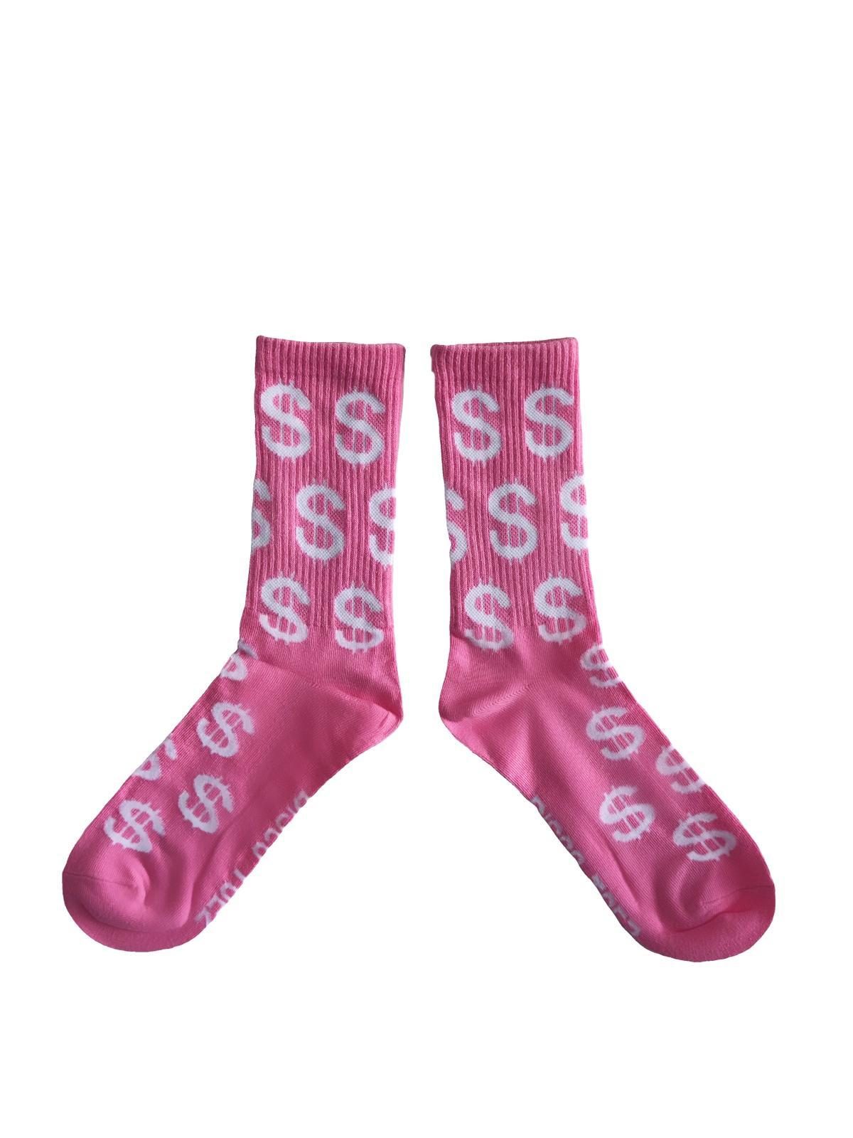 A pair of pink socks with a white dollar sign pattern