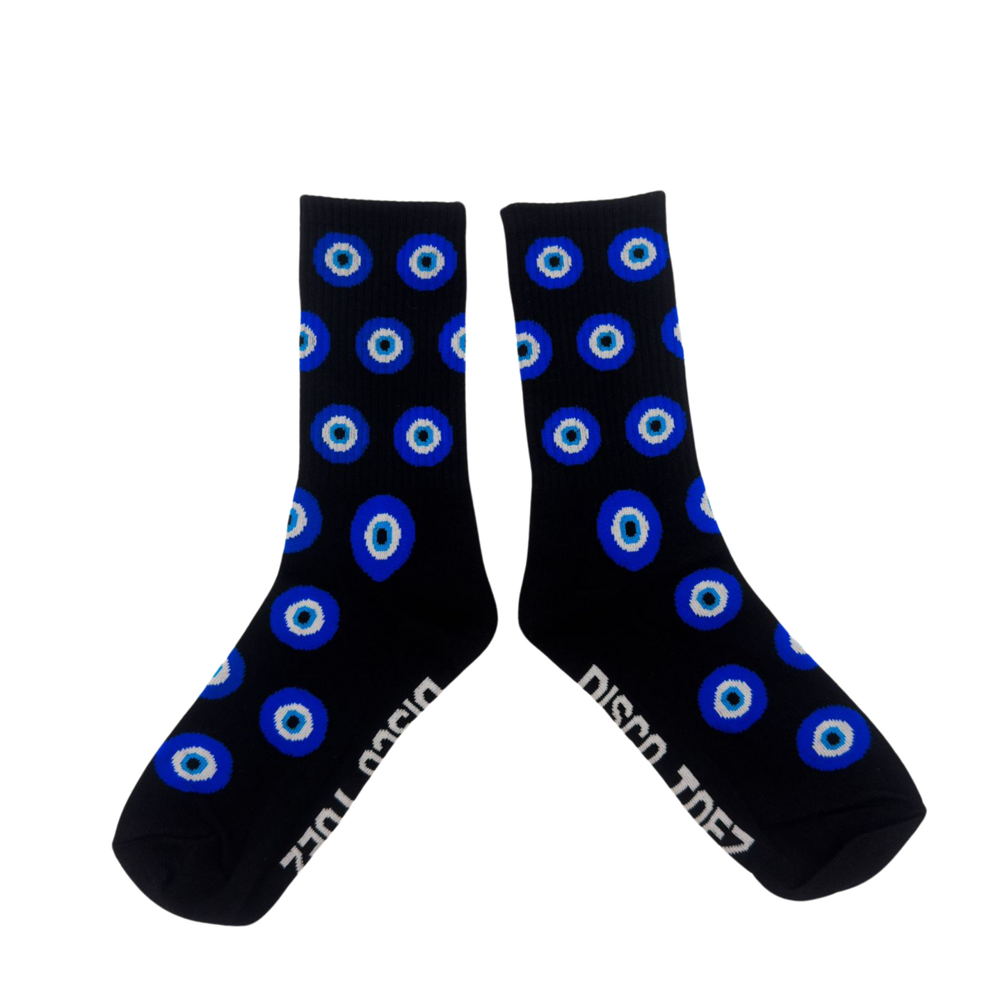 A pair of black socks with blue circular patterns on a white background