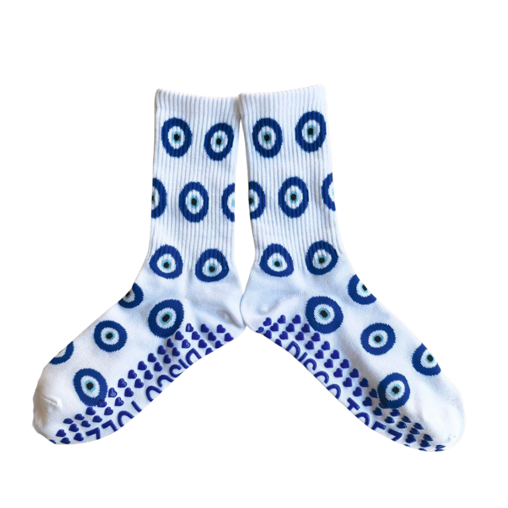 White socks with blue circular patterns on a white background
