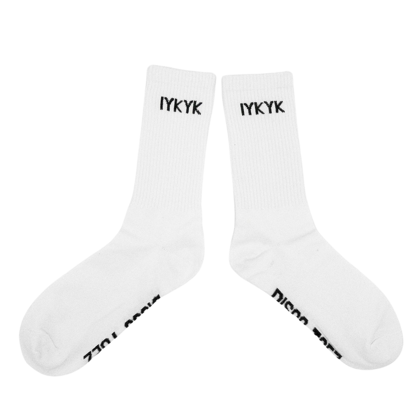 A pair of white socks with black text 'IYKYK' on a white background