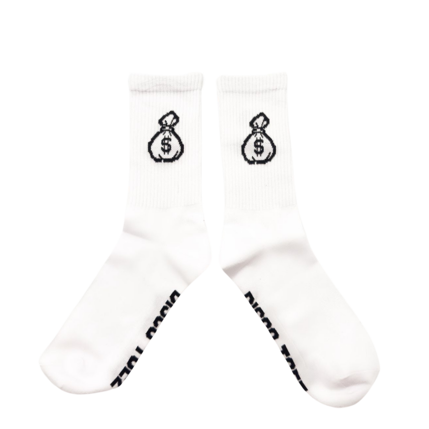 A pair of white socks with a black money bag logo