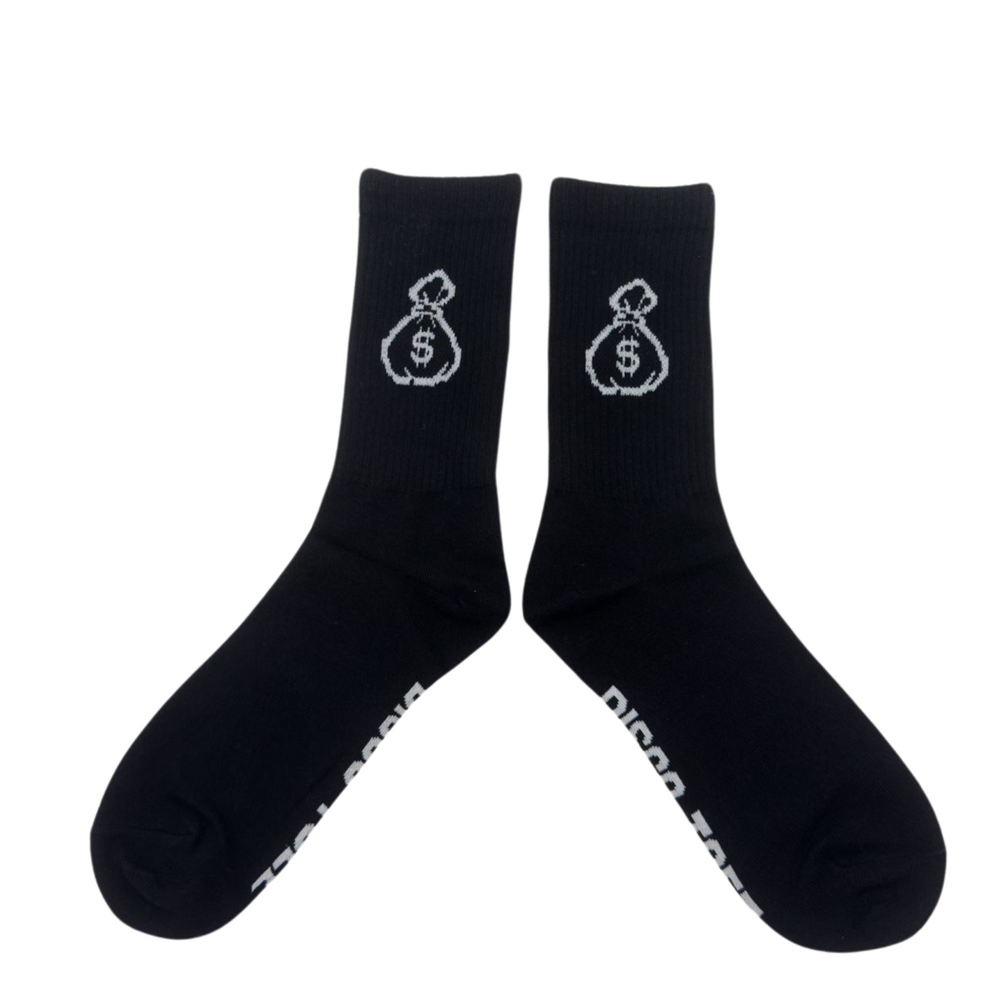 A pair of black socks with an image of a money bag