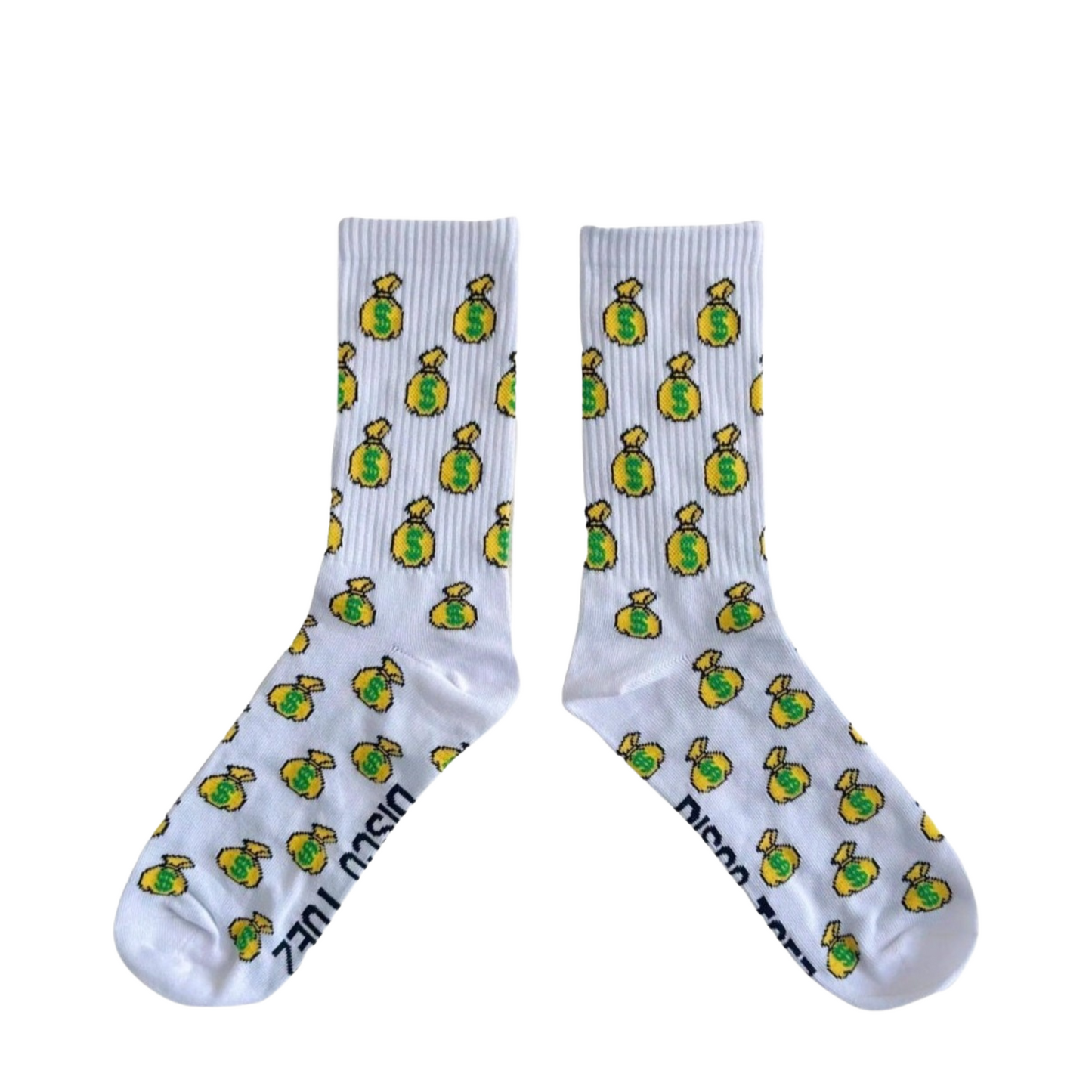 A pair of white socks with a money bag pattern
