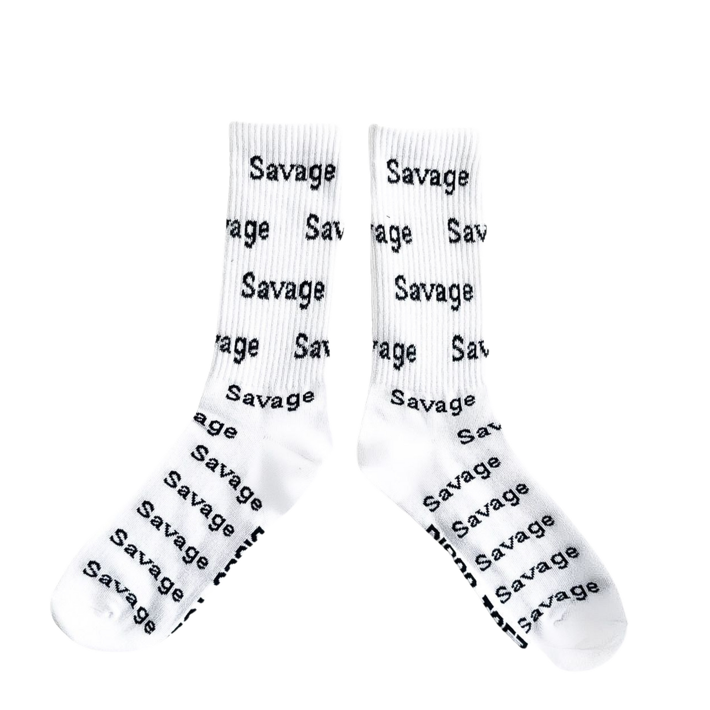 A pair of white socks with black text 'Savage' printed all over