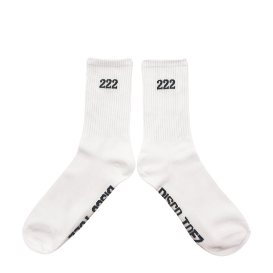 A pair of white socks with black text '222'