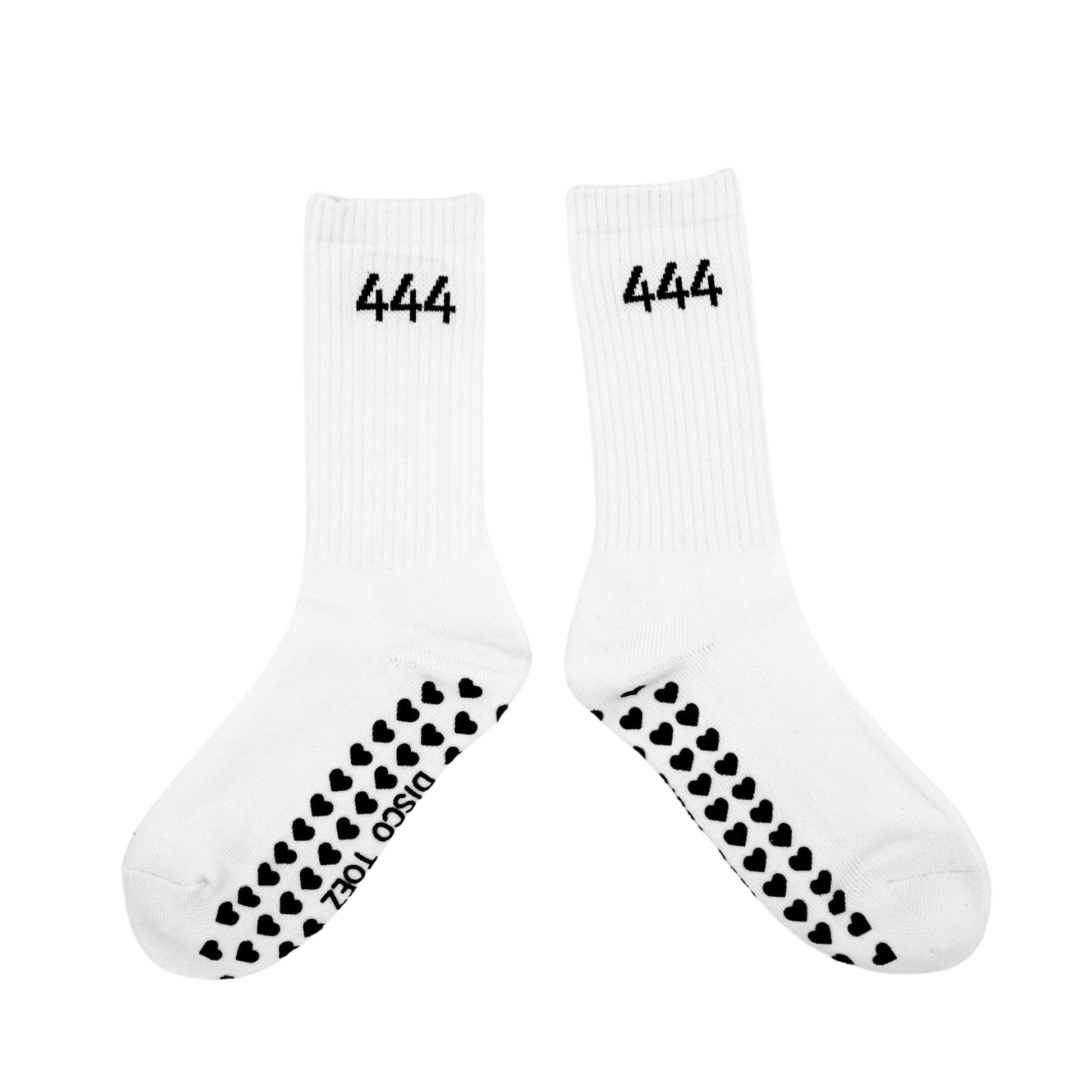 A pair of white socks with black text '444' on a white background