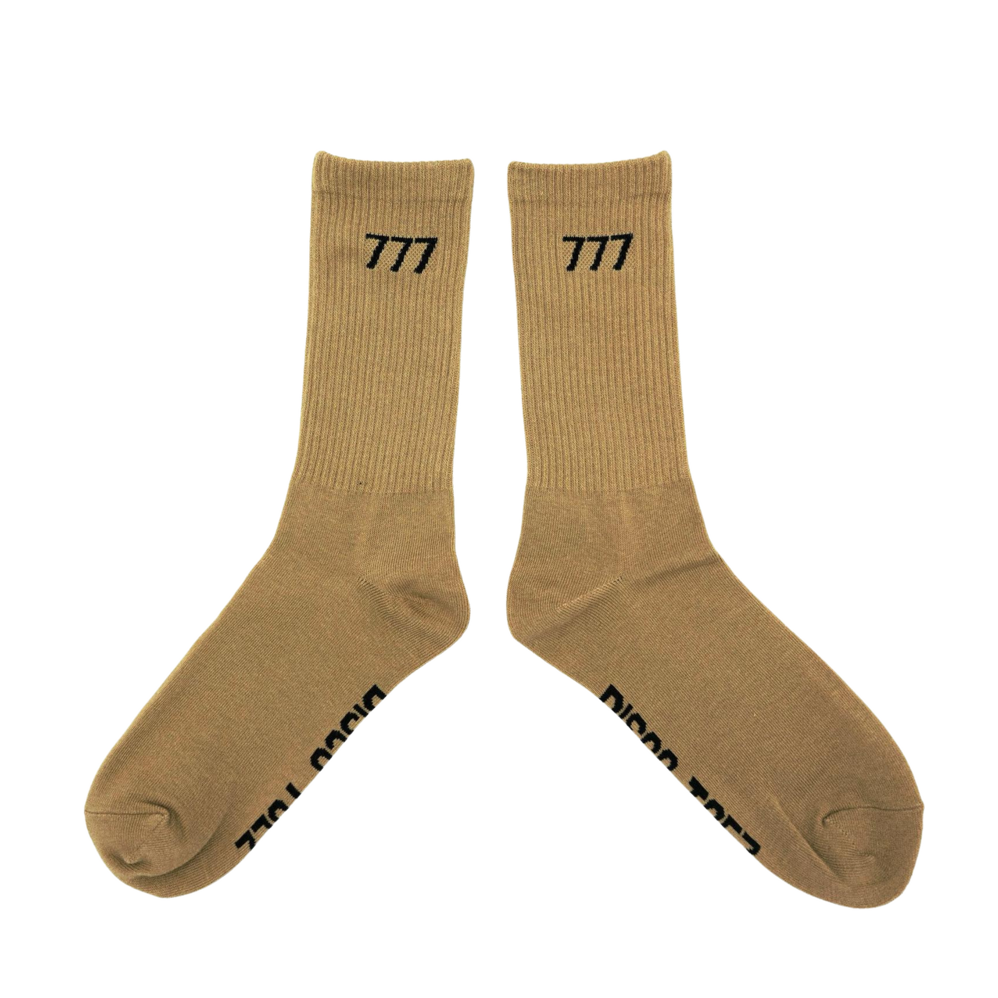 A pair of tan socks with black text '777' on a white background