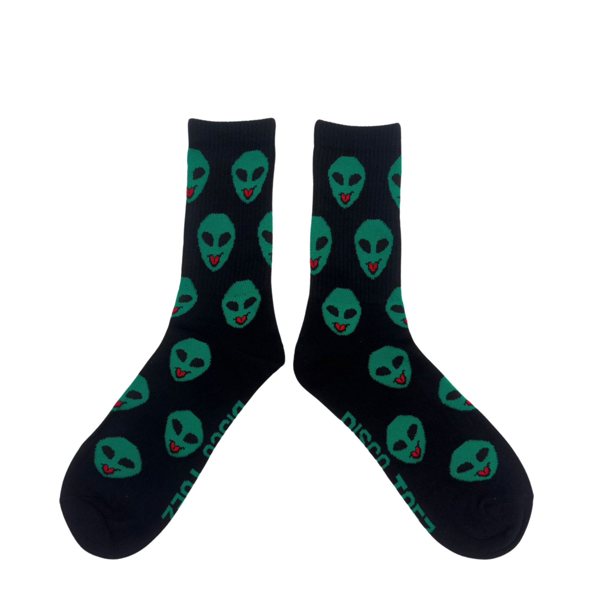 A pair of black socks with an alien pattern