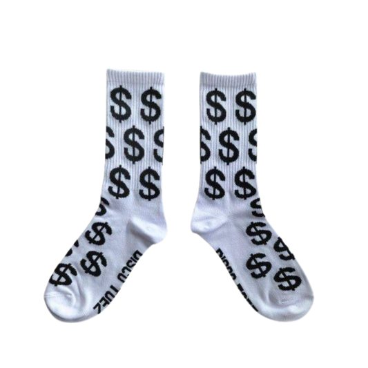 White socks with black dollar sign pattern on a white background
