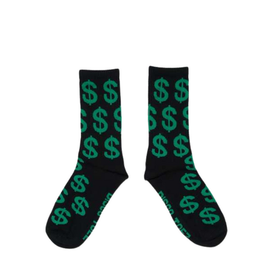 Black socks with green dollar sign pattern on a white background
