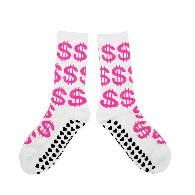 A pair of white socks with a pink dollar sign pattern on a white background