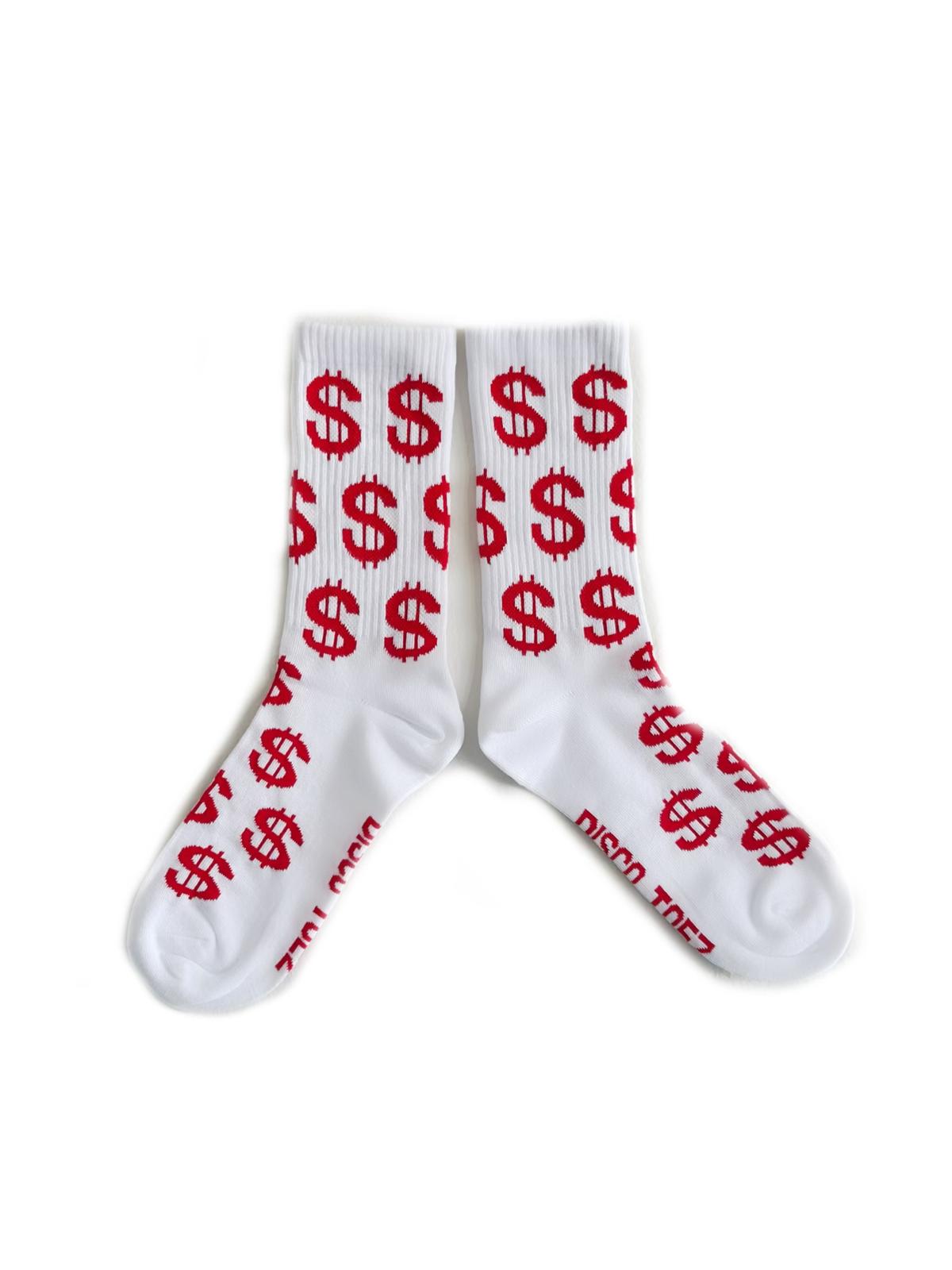 A pair of white socks with a red dollar sign pattern