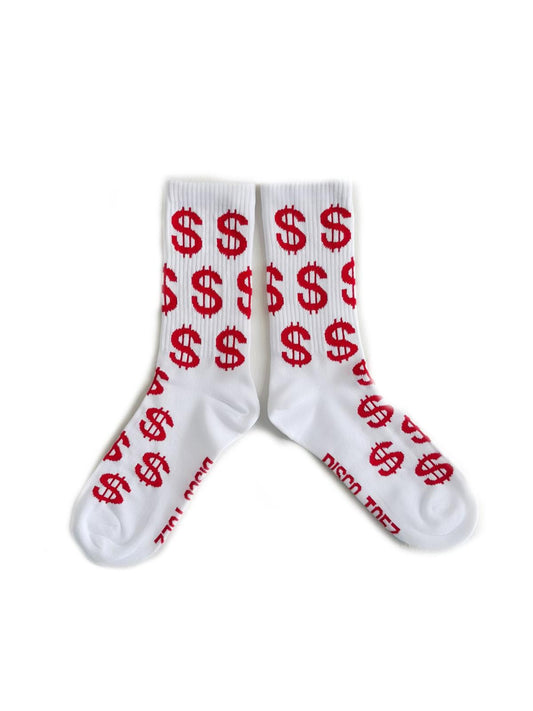 A pair of white socks with a red dollar sign pattern