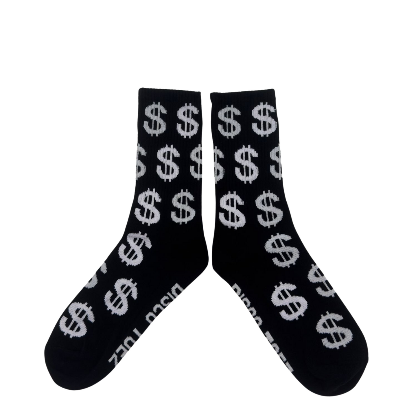 A pair of black socks with a white dollar sign pattern