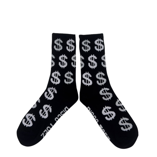 A pair of black socks with a white dollar sign pattern