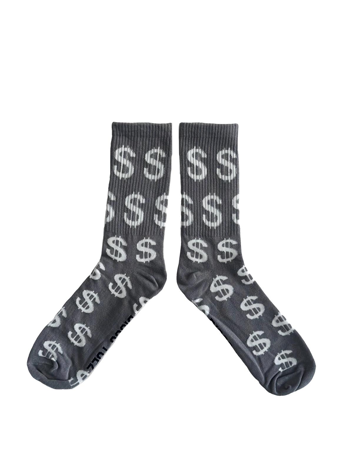 A pair of grey socks with white dollar sign pattern