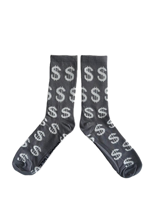 A pair of grey socks with white dollar sign pattern