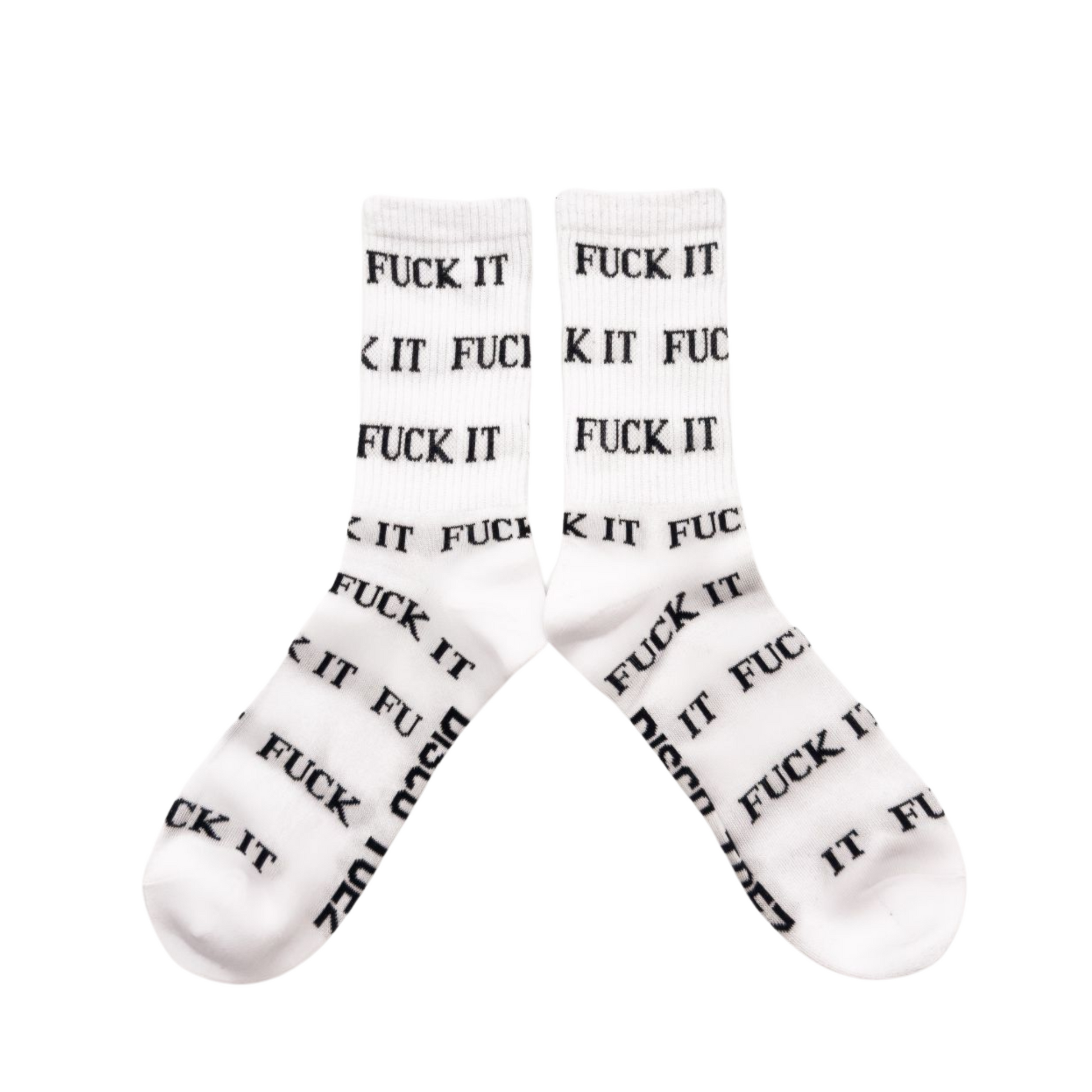 A pair of white socks with the text 'Fuck It' printed all over