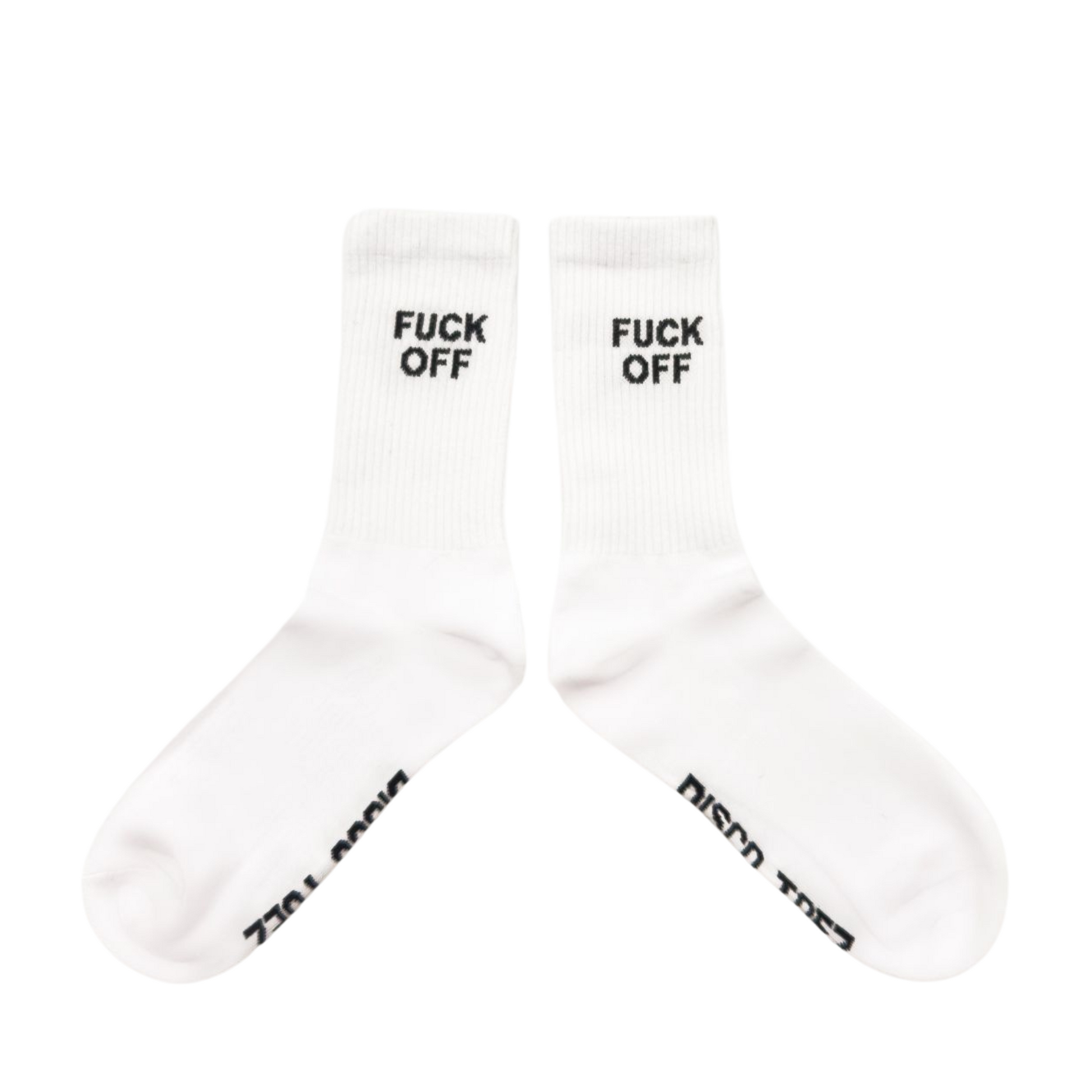 A pair of white socks with black text 'Fuck Off' on a white background