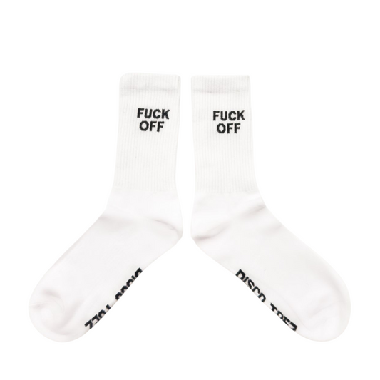 A pair of white socks with black text 'Fuck Off' on a white background