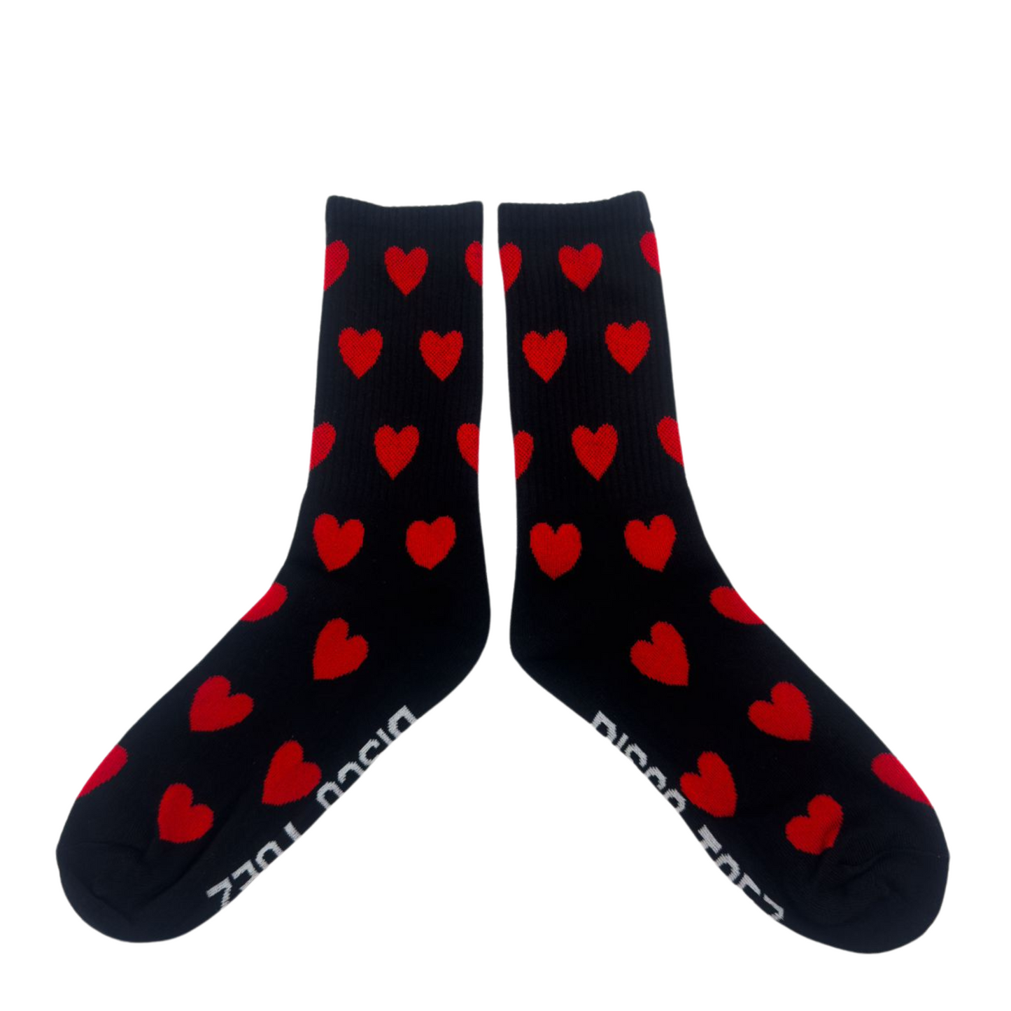 A pair of black socks with a heart pattern on a white background