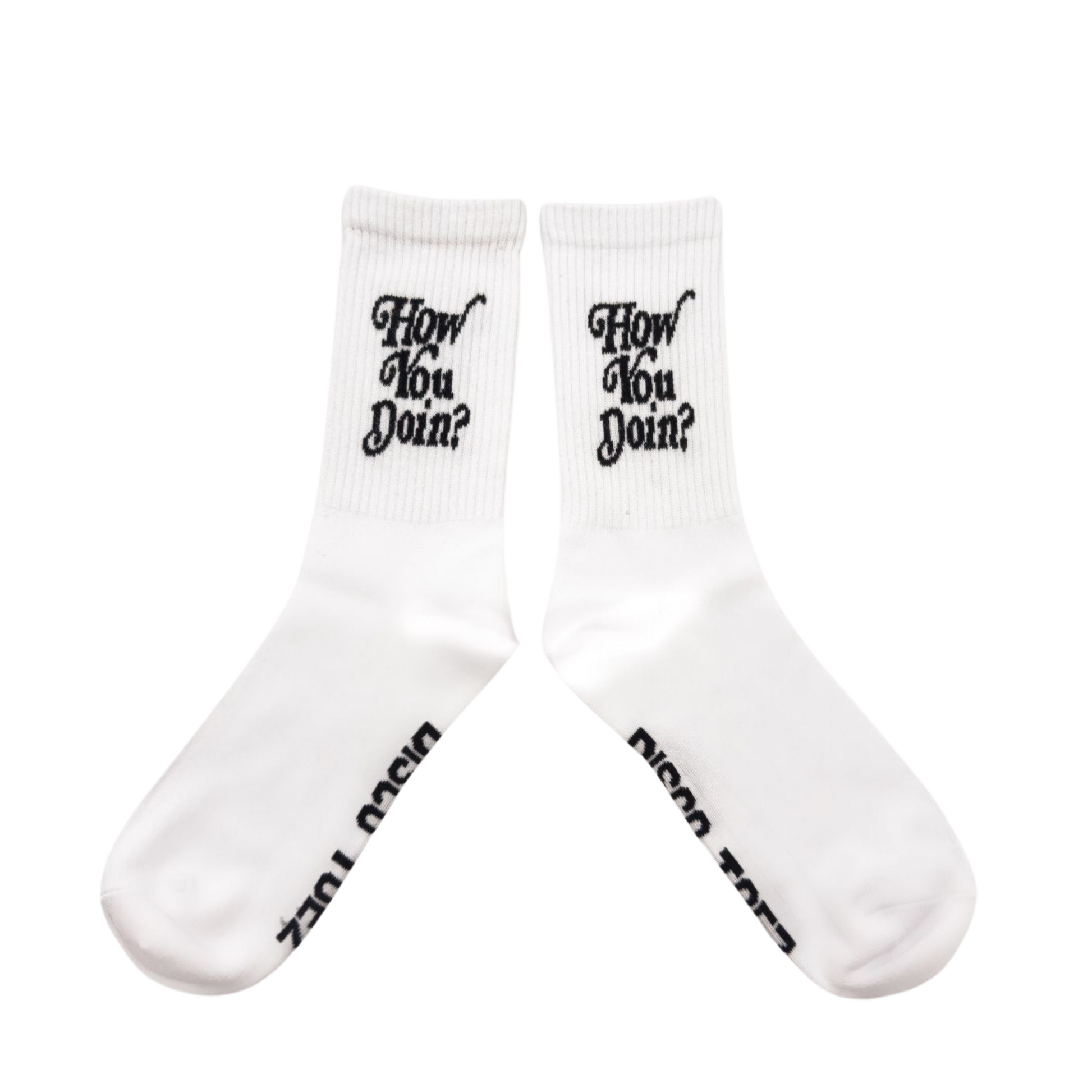 A pair of white crew socks with the text 'HOW YOU DOIN?' printed on the side.