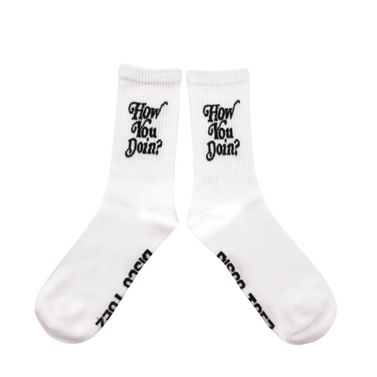 A pair of white crew socks with the text 'HOW YOU DOIN?' printed on the side.