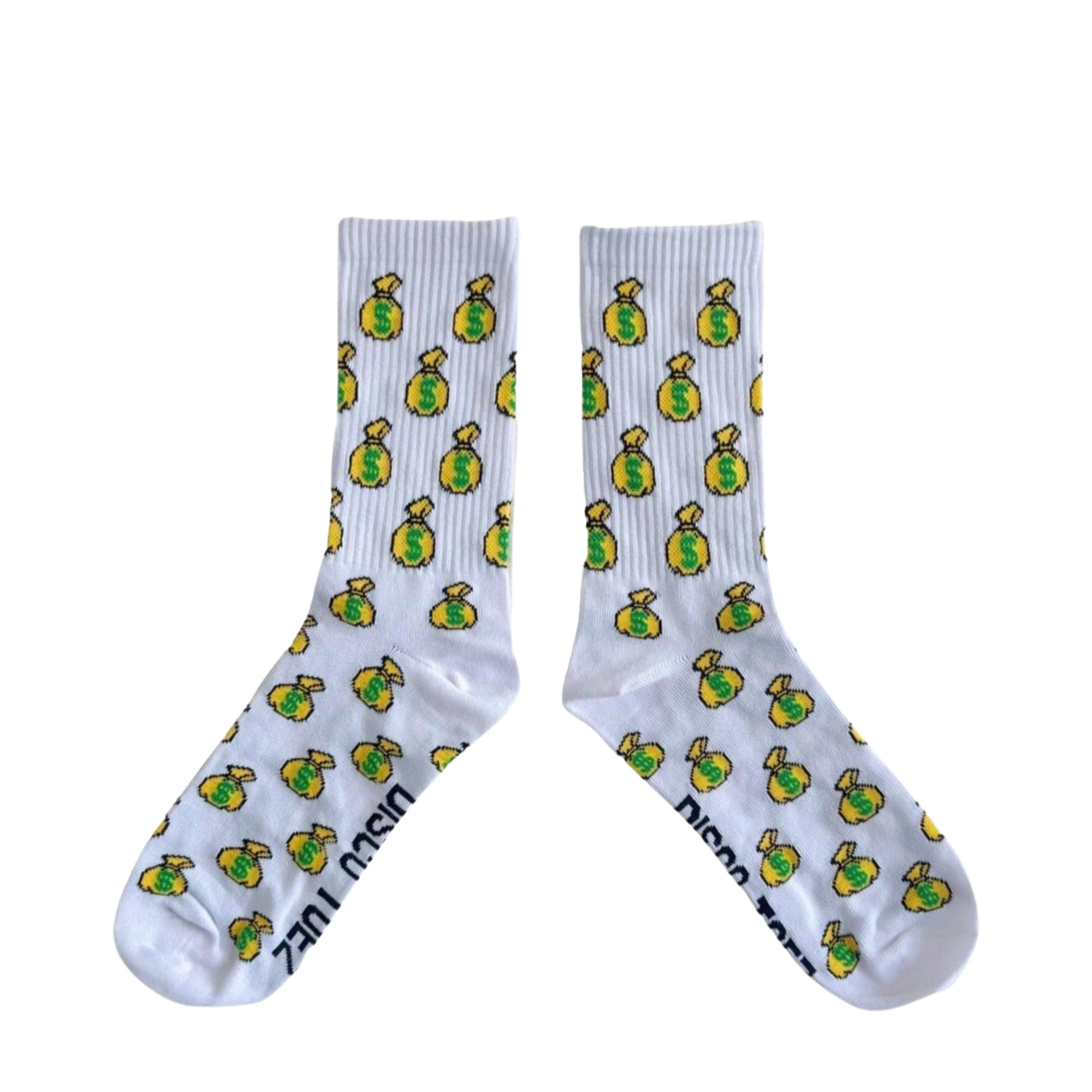 A pair of white socks with a money bag pattern