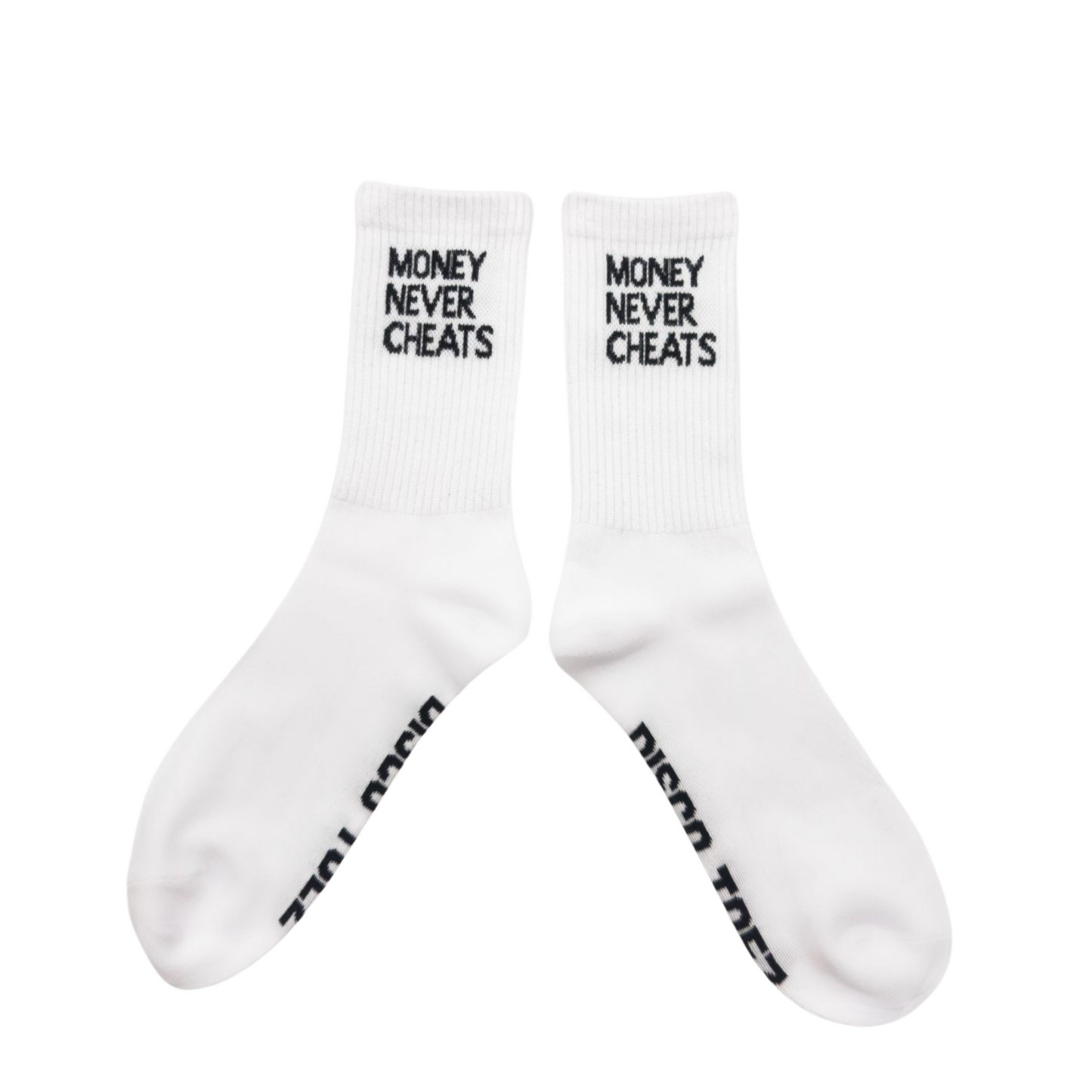 a pair of white socks with black text 'Money never cheats' on a white background