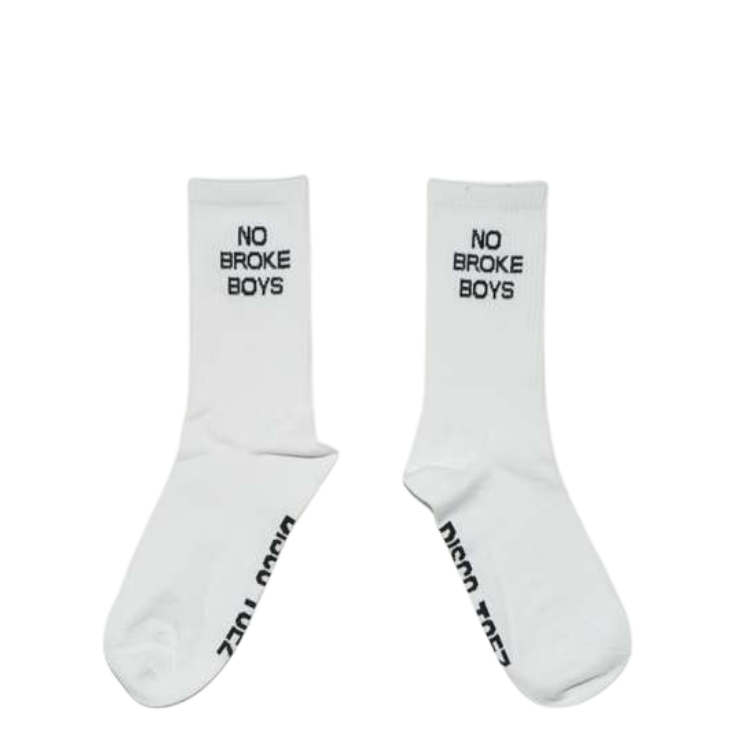 White socks with 'NO BROKE BOYS' text on a white background