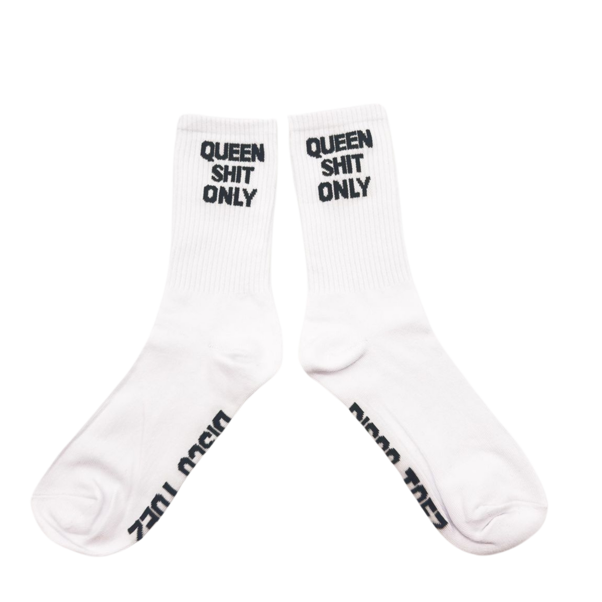 A pair of white crew socks with the phrase 'QUEEN SHIT ONLY' printed on the side.