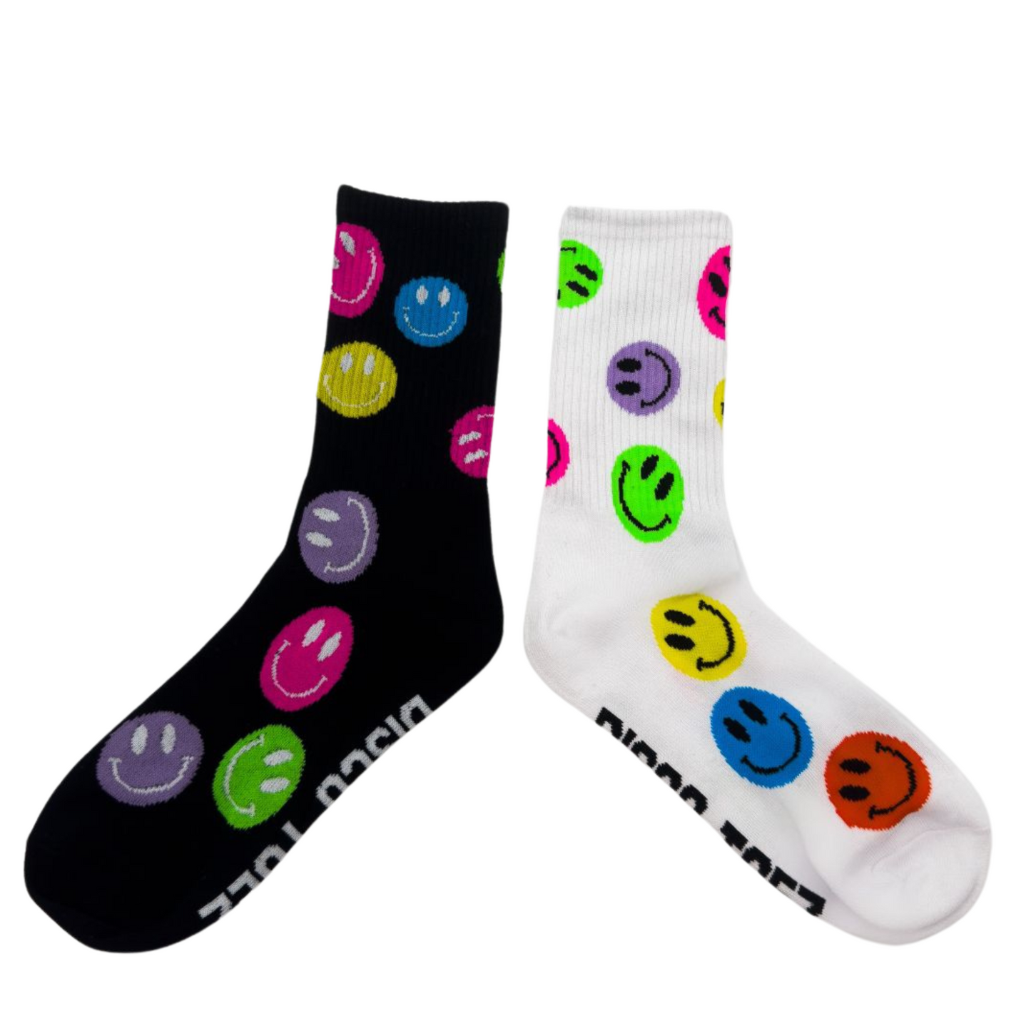A black and white sock with a smiley face pattern